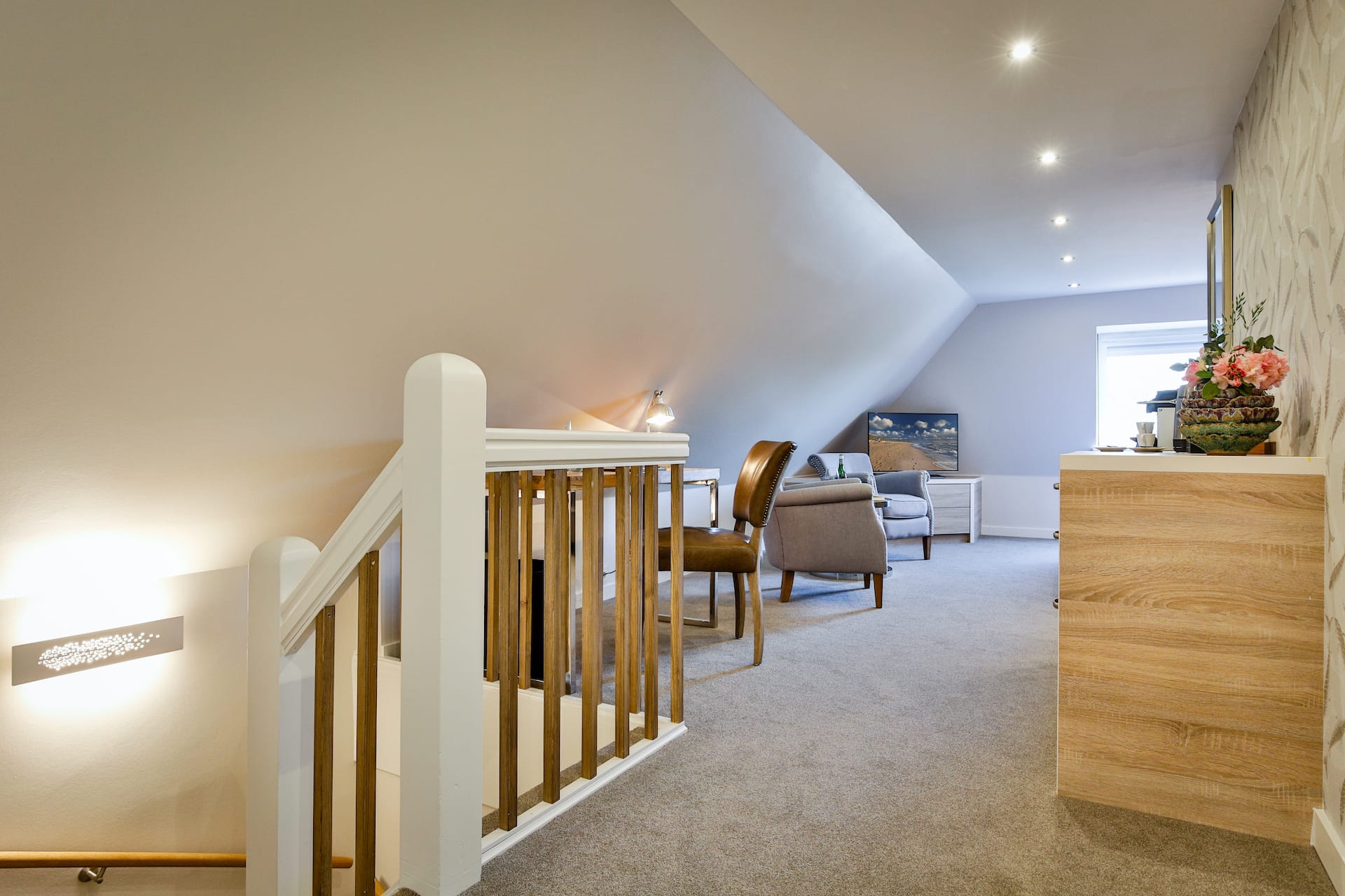 Treppe in das Doppelzimmer Nr. 15 im Landhaus Sylter Hahn, Hotel in Westerland auf Sylt.